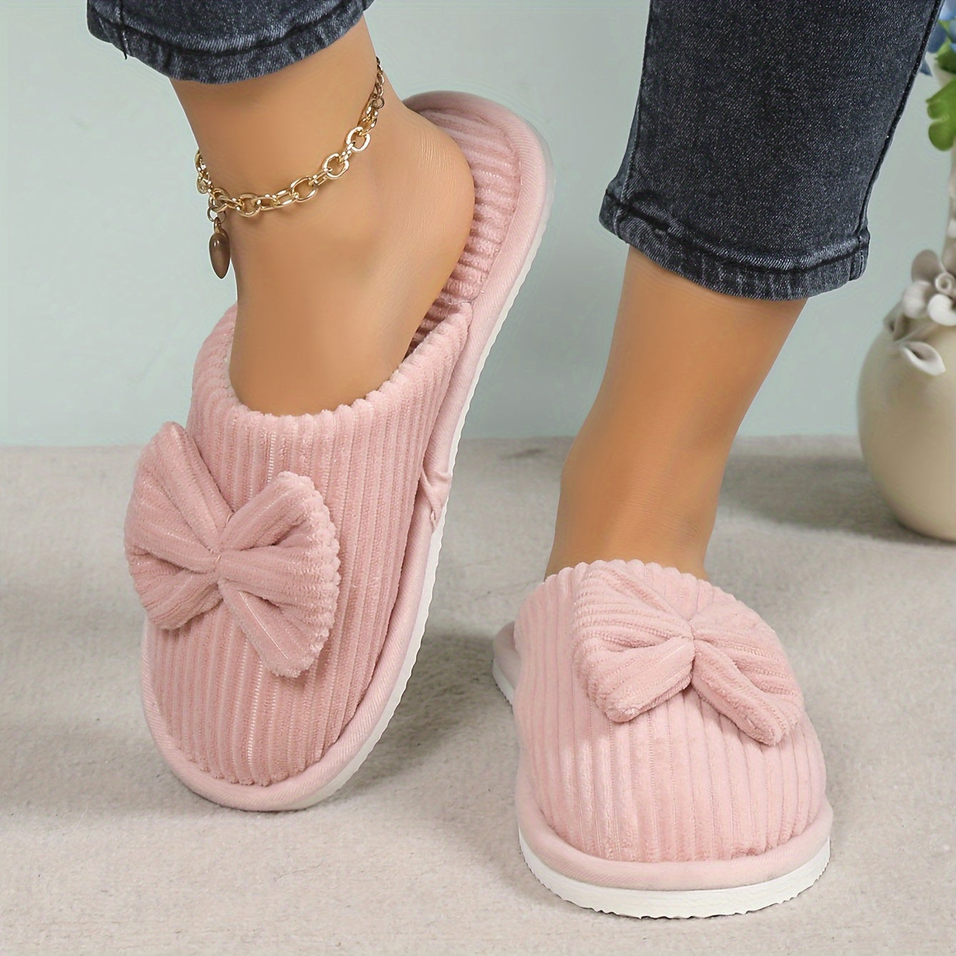 Fuzzy Slippers with Bowknot Soft Sole Fabric Indoor Casual Slip-On for Winter