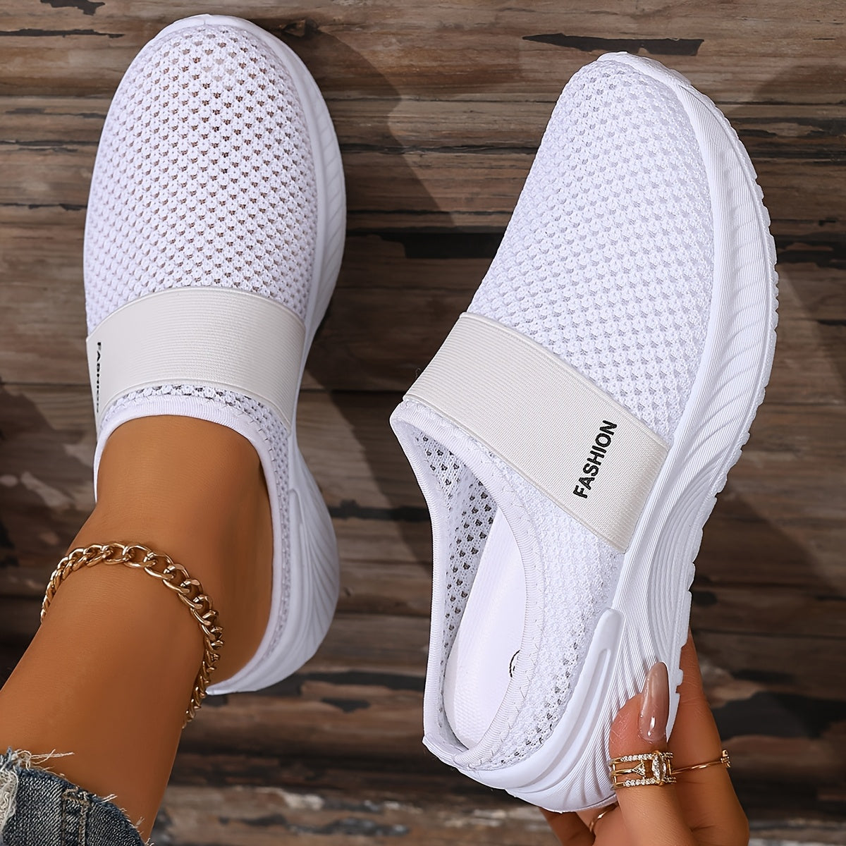 Women's Mesh Slip-On Sneakers White Black Casual Beach Summer Shoes
