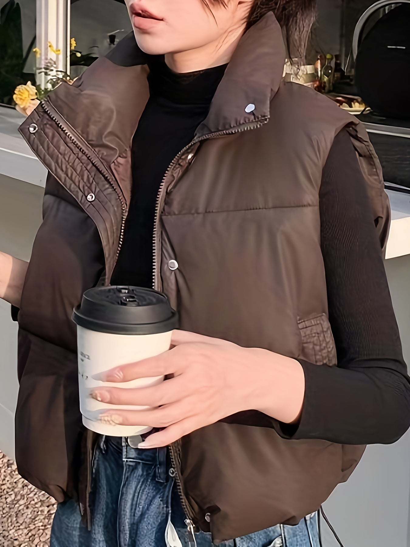 Women's Winter Sleeveless Flared Vest with Zipper and Drawstring in Solid Polyester