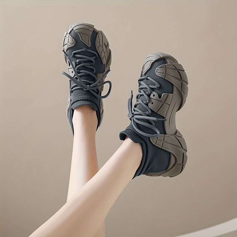 Women's Breathable Knit Sneakers Octopus Design Low-Top Lace-Up Shoes Navy Blue Grey