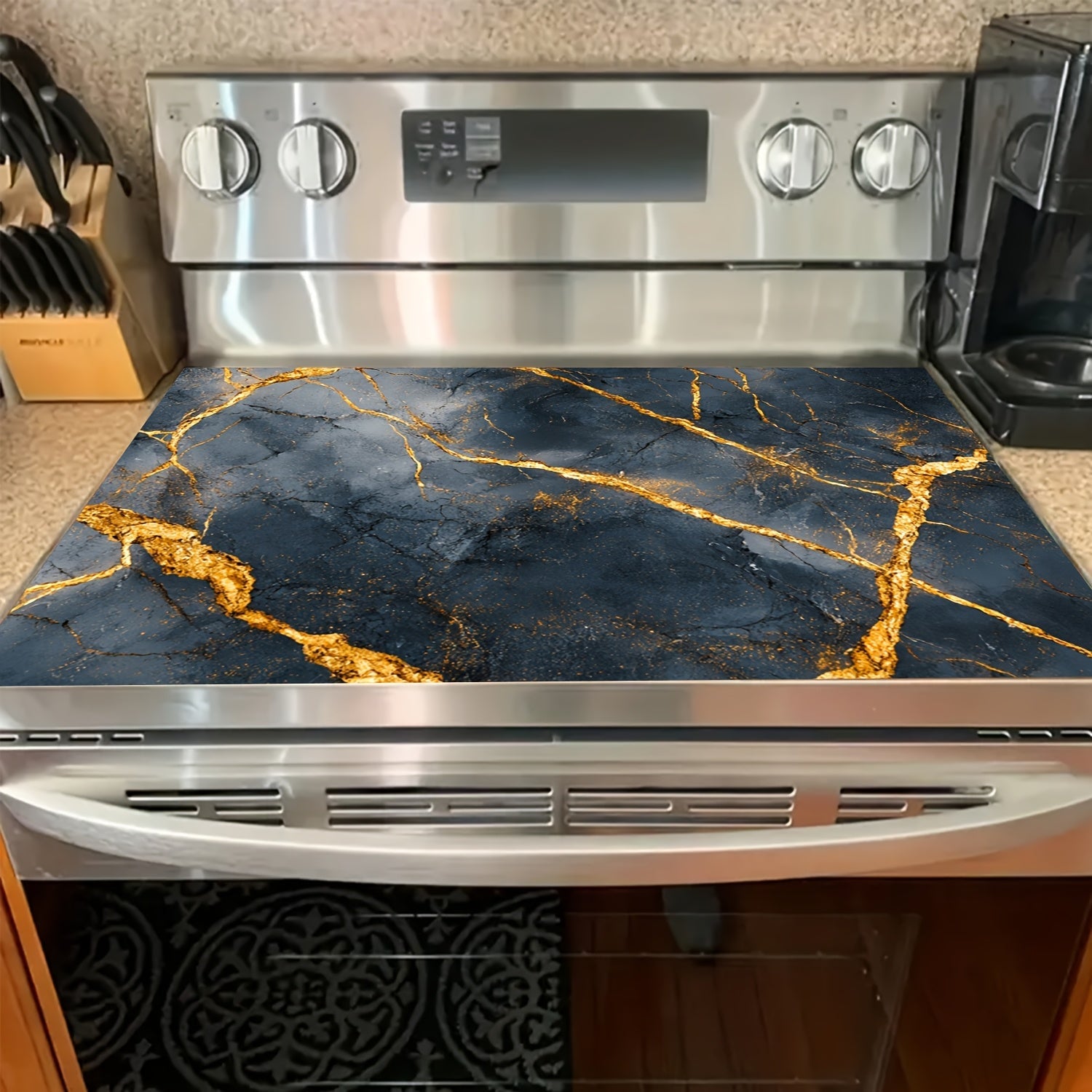 Black Marble Rubber Stove Protector Mat 71.88cm x 52.07cm Non-Slip Heat-Resistant