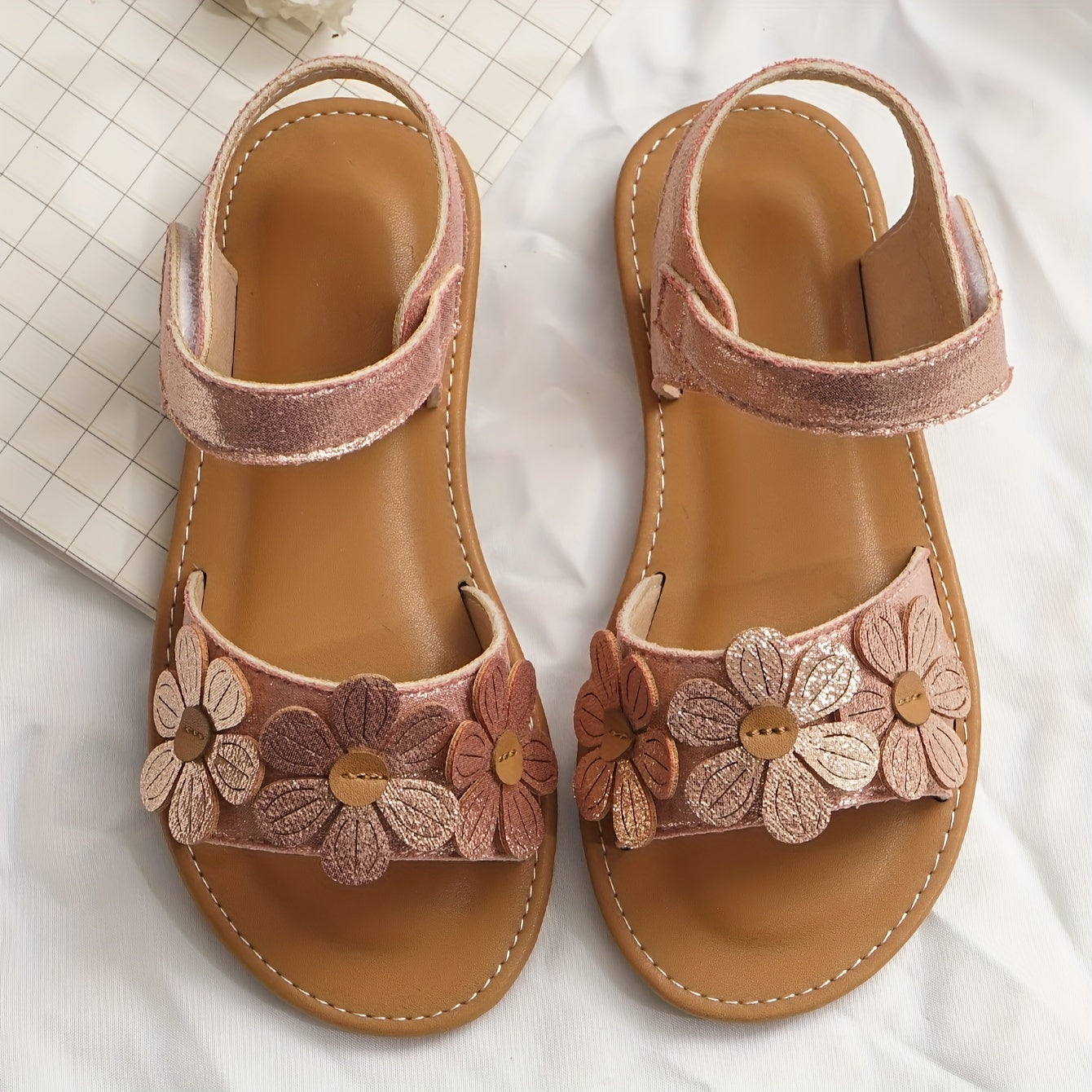 Girls Summer Sandals Floral Embroidery Breathable Light Brown Round Toe Hook-and-Loop Closure