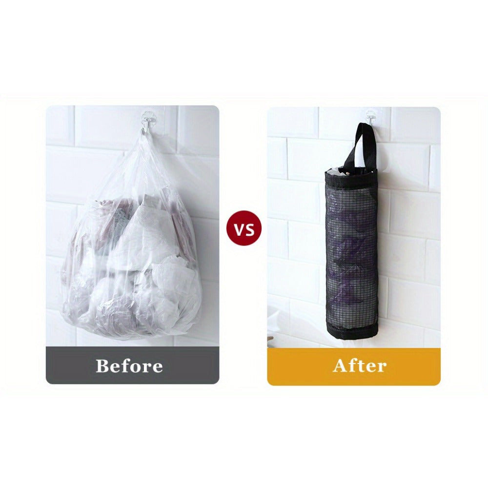 Juego de almacenamiento de cocina de 4 piezas, organizador de bolsas de basura plegable y bolsas colgantes de malla