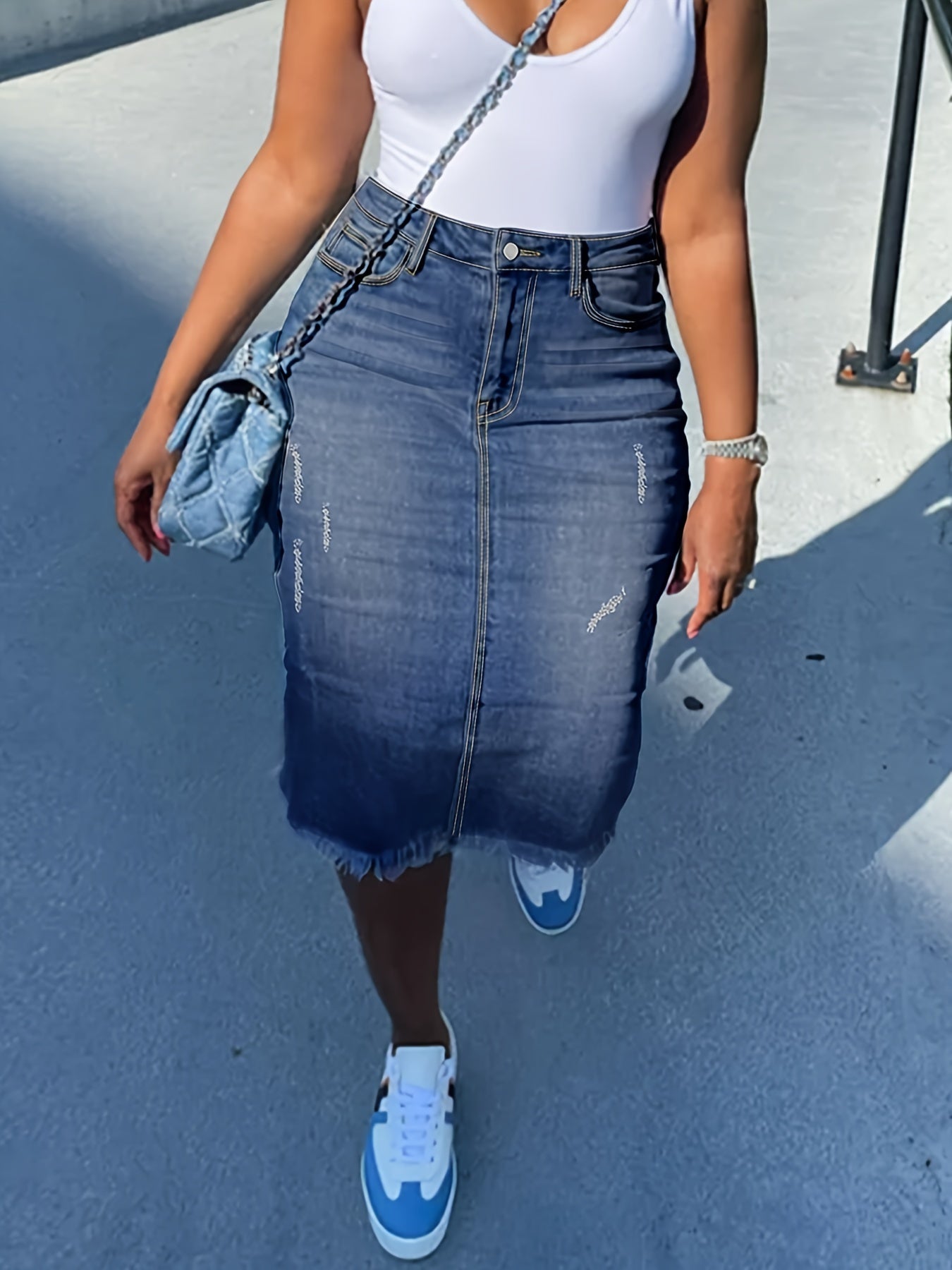 Women's Plus Size Denim Skirt Knee-Length A-Line Casual Jean with Distressed Hem