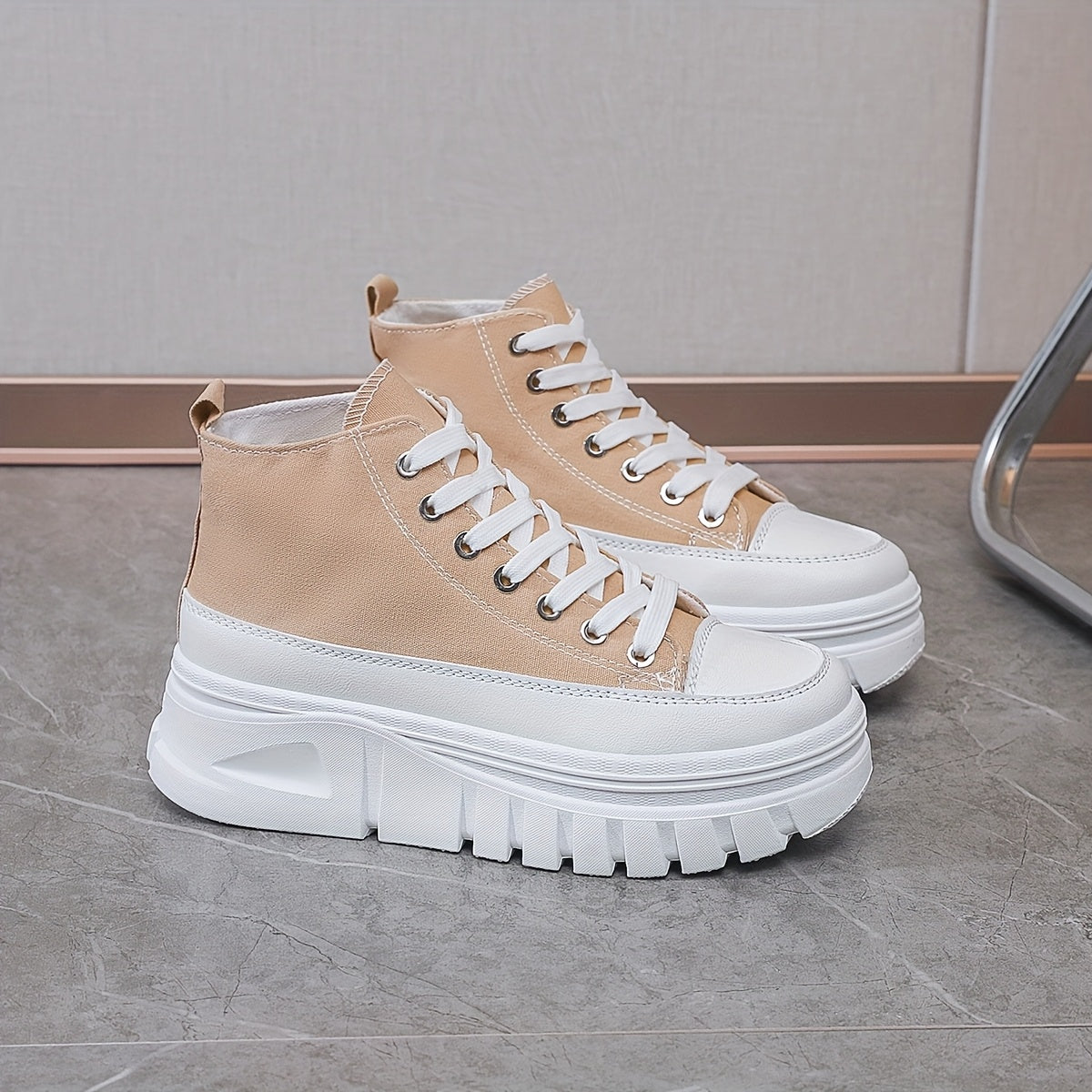 Women's Chunky Platform Lace-Up Sneakers Breathable Mid-Top Casual Shoes