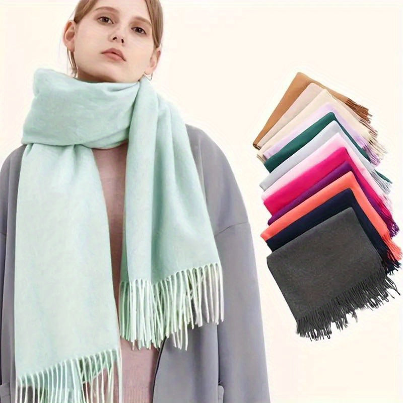 Cashmere-Feel Boho Tassel Scarf for Fall Winter Solid Colors Windproof Stylish