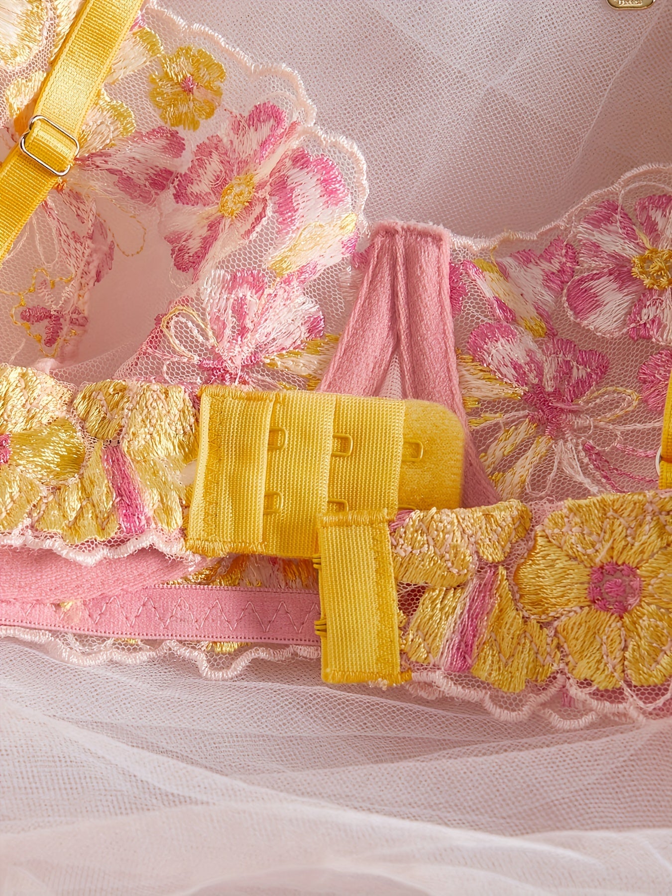 Women's Lace Satin Lingerie Set with Adjustable Straps and Floral Design