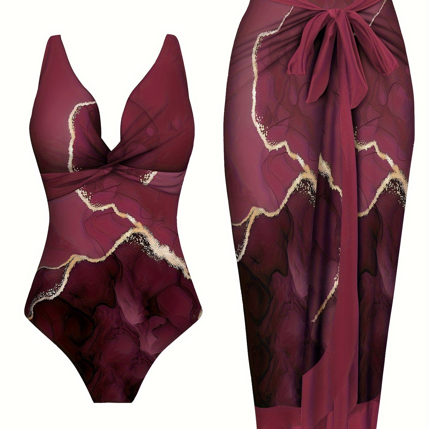 Deep Red Printed Two-Piece Beachwear Set with Crisscross One-Piece and Tie-Waist Skirt