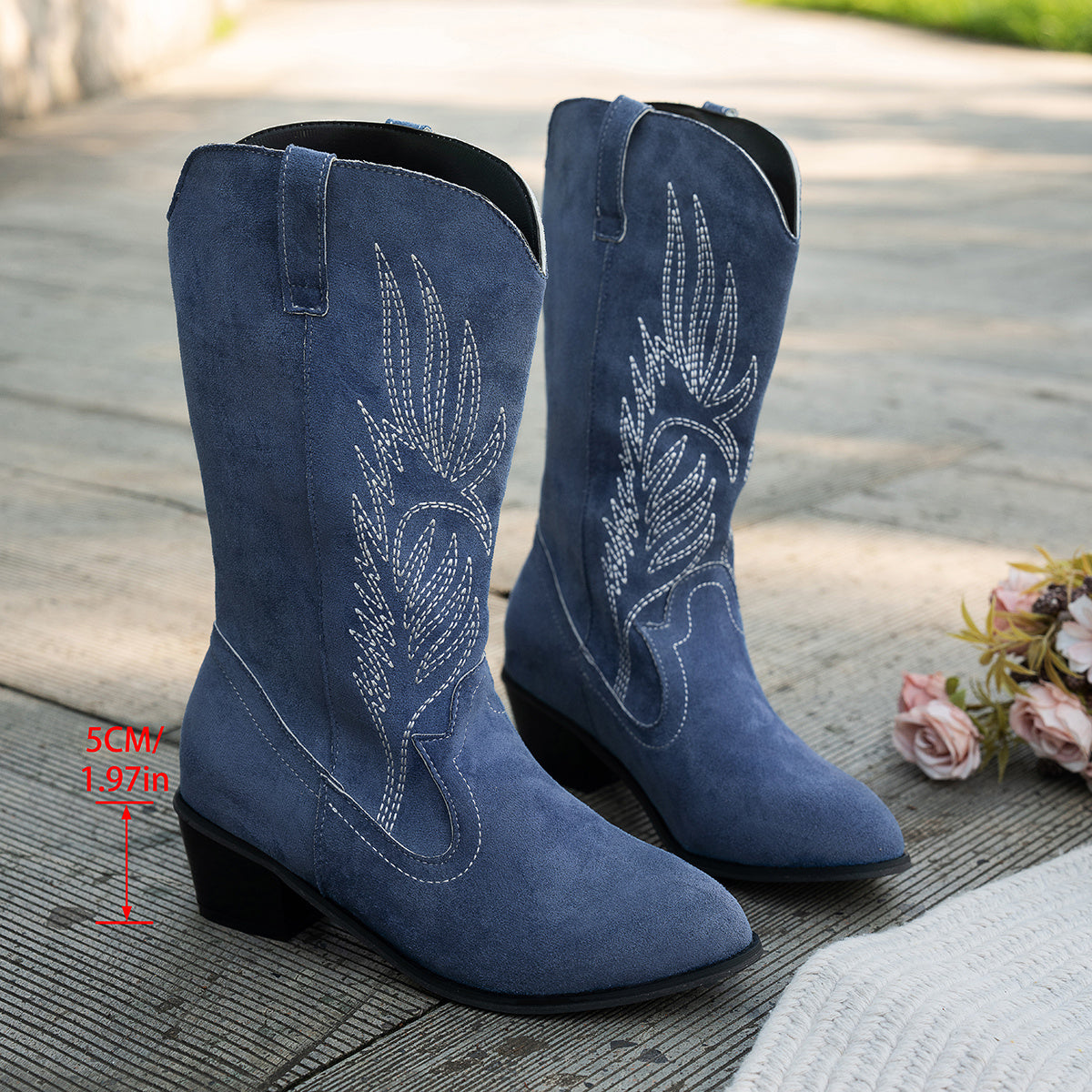 Women's Fabric Cowboy Boots Blue Floral Pattern Chunky Heel Western Style