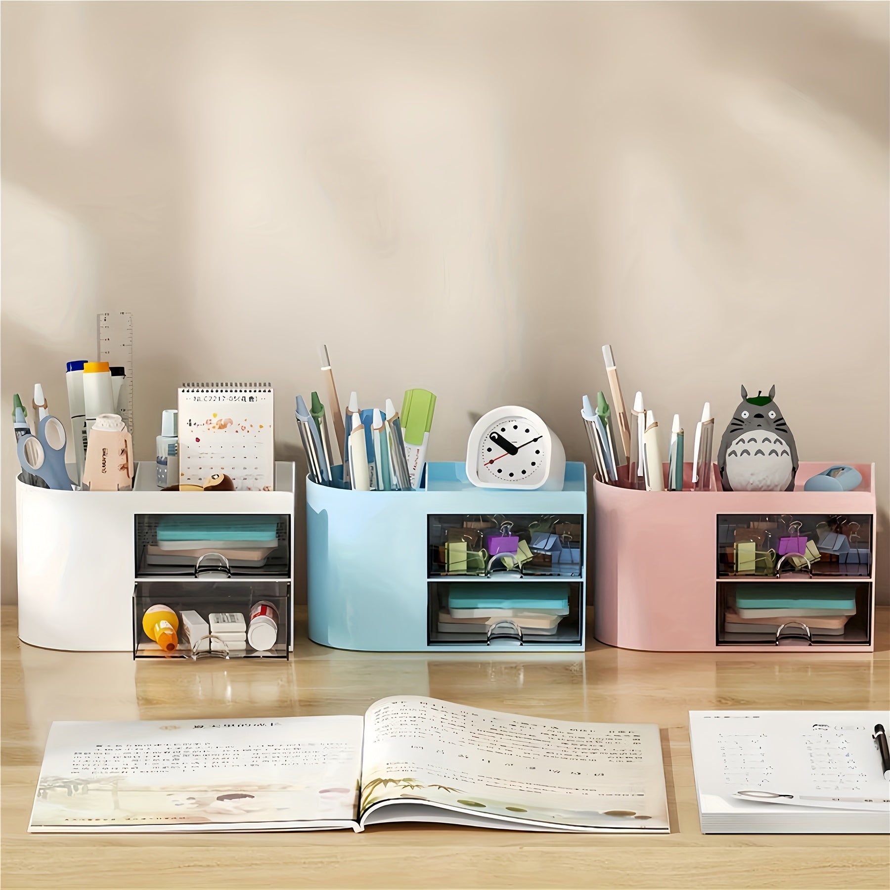 Organizador de escritorio de plástico blanco con doble cajón, soporte para bolígrafos, almacenamiento para maquillaje y joyas