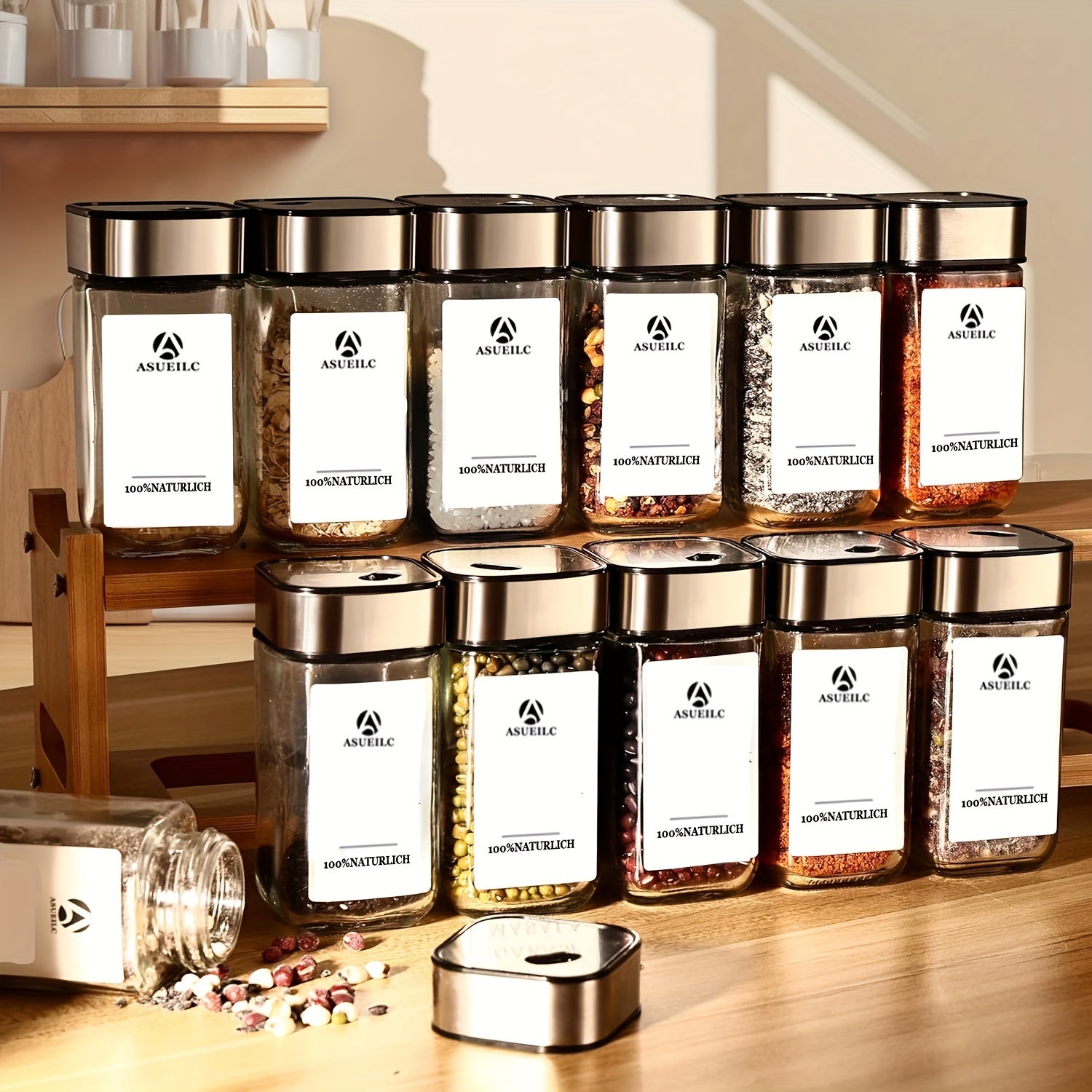 Set of 24 Square Glass Spice Jars with Writable Labels and Twist-Top Lids