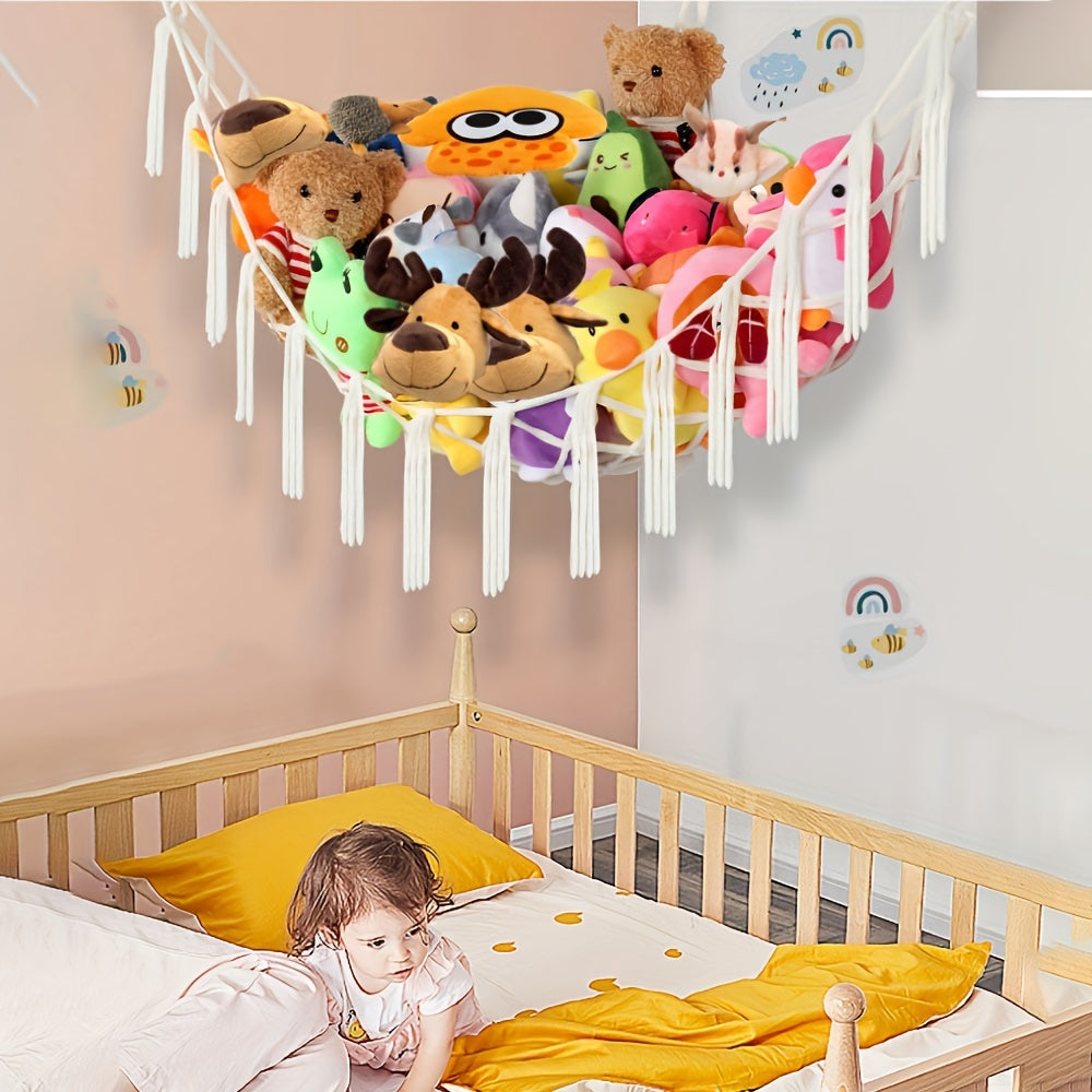 Подвесная бохо-сумка для хранения мягких игрушек - белая сетка для игрушек или гамак, органайзер из макраме для угла - идеальный подарок на Рождество или Хэллоуин