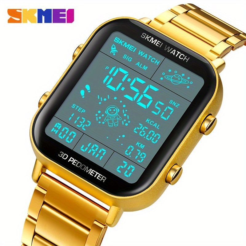 Men's Outdoor Sports Pedometer Watch with Digital Night Light and Gold Case