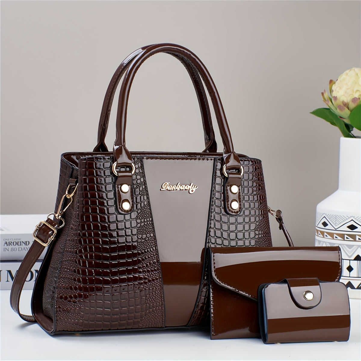 3-Piece PU Handbag Set with Crocodile Pattern Crossbody Shoulder Bag and Coin Purse