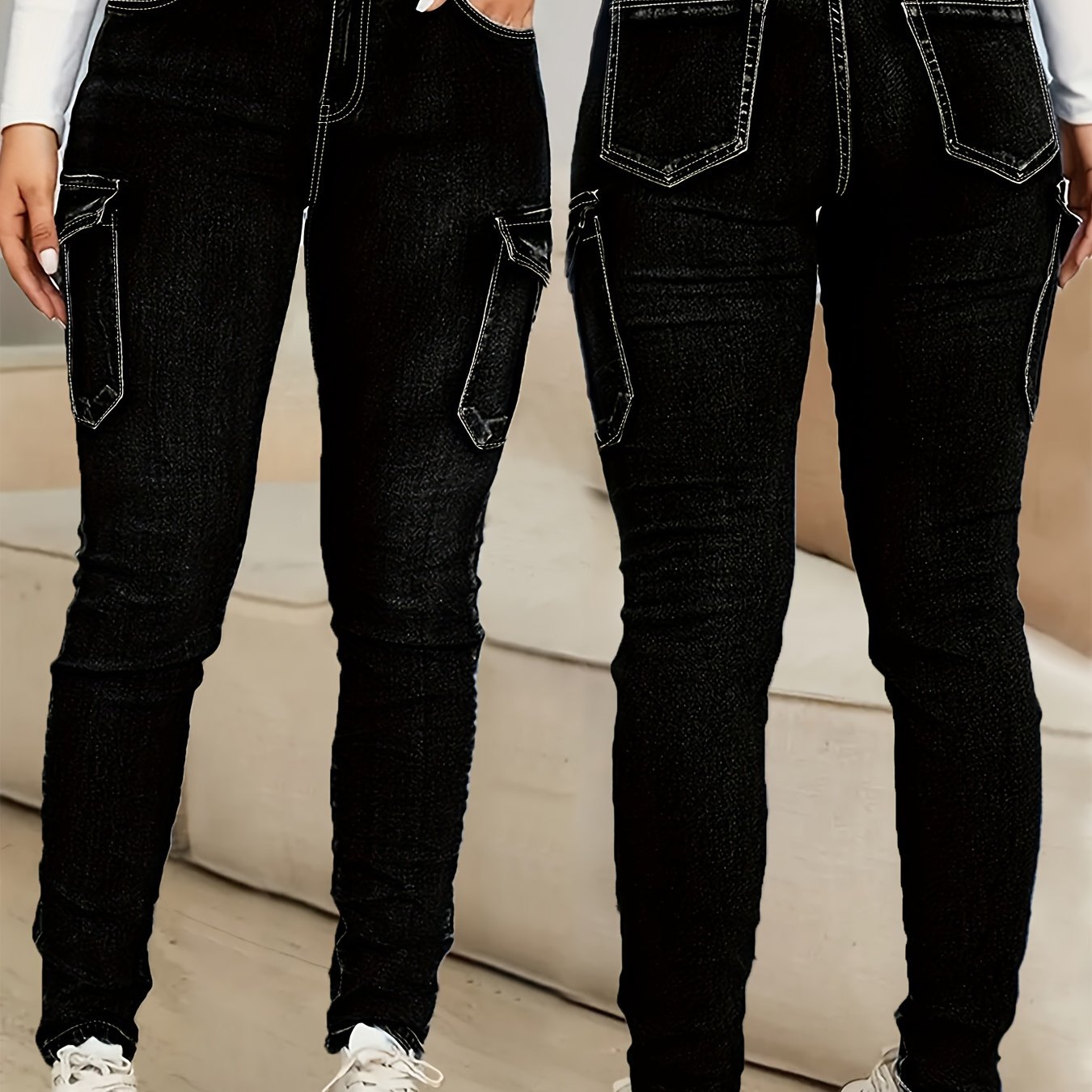 Women's Plus Size Black High-Waisted Stretch Skinny Jeans Cargo Pants