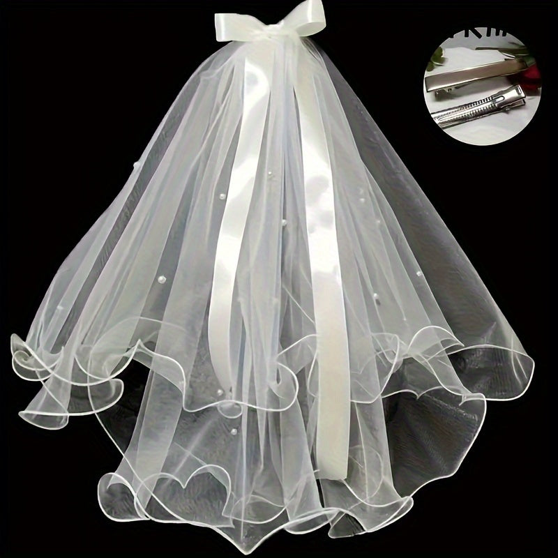 Women's Bridal Tulle Veil with Pearl Crown and Butterfly Knot for Weddings