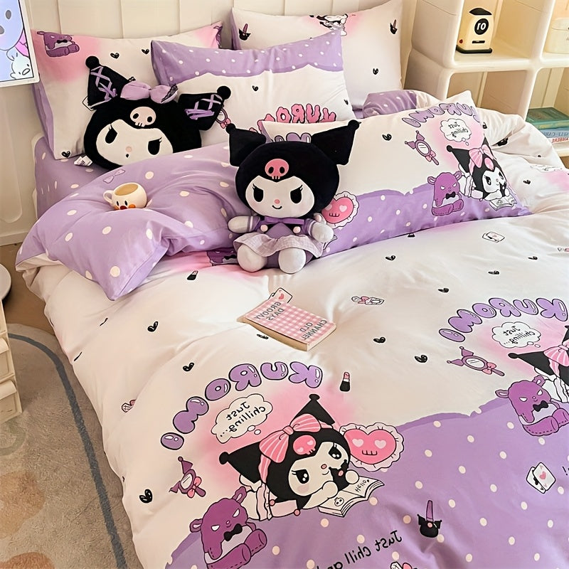 4-Piece Purple Cartoon Bedding Set with Quilt Cover Pillowcases and Sheet 200x230cm