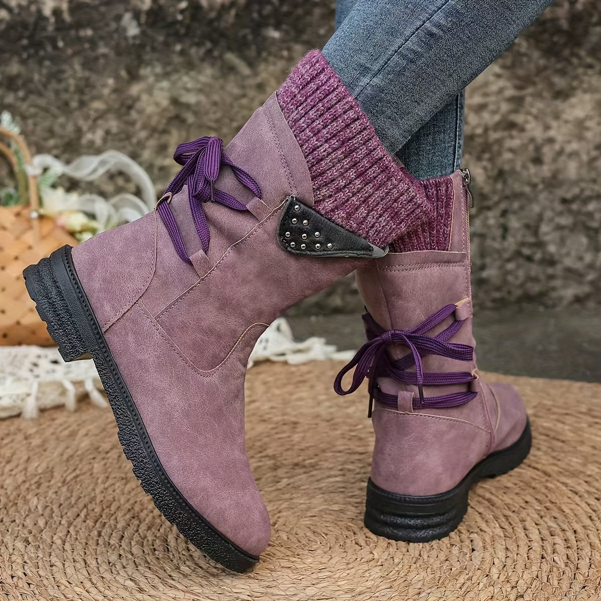 Women's Mid-Calf Boots with Knit Cuff Zippered Round Toe Block Heel