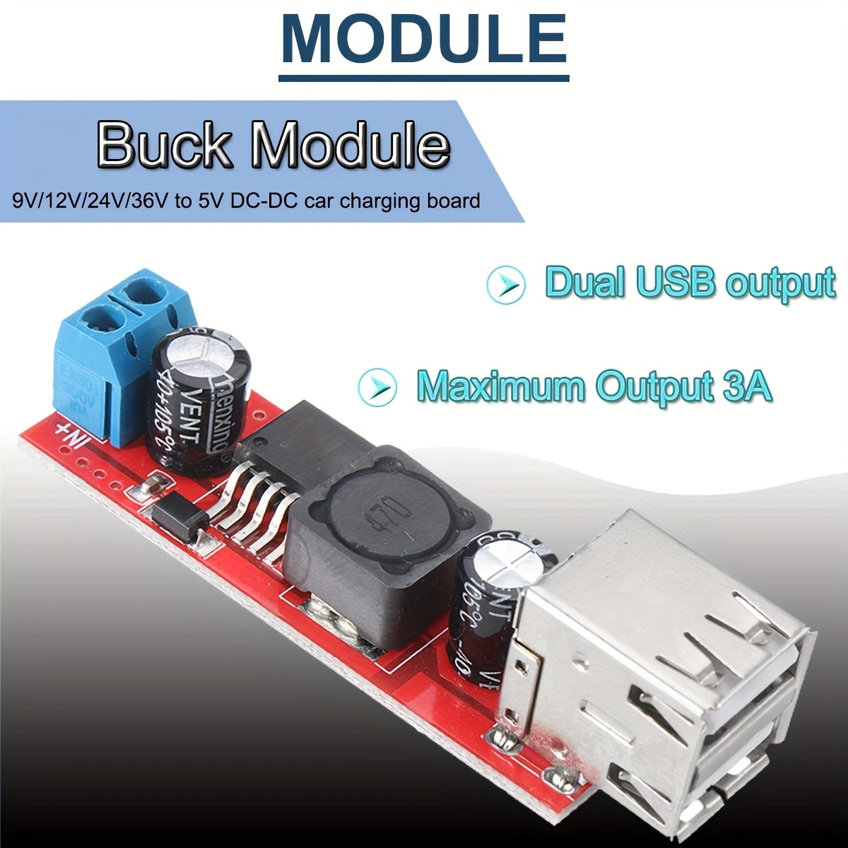 Módulo de fuente de alimentación DC-DC de 6-40V a 5V 3A, convertidor de cargador USB dual