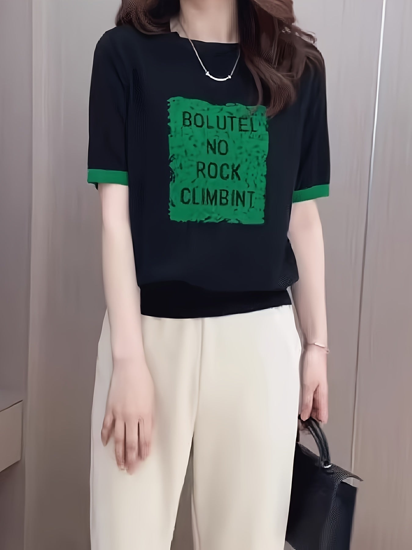 Plus Size Women's Summer Casual Short Sleeve Top Black Green Lettering Breathable Stretchy