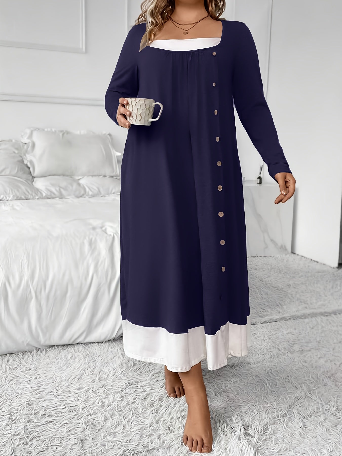 Plus Size Women's Sleep Dress Long Sleeve Nightgown Lounge Wear