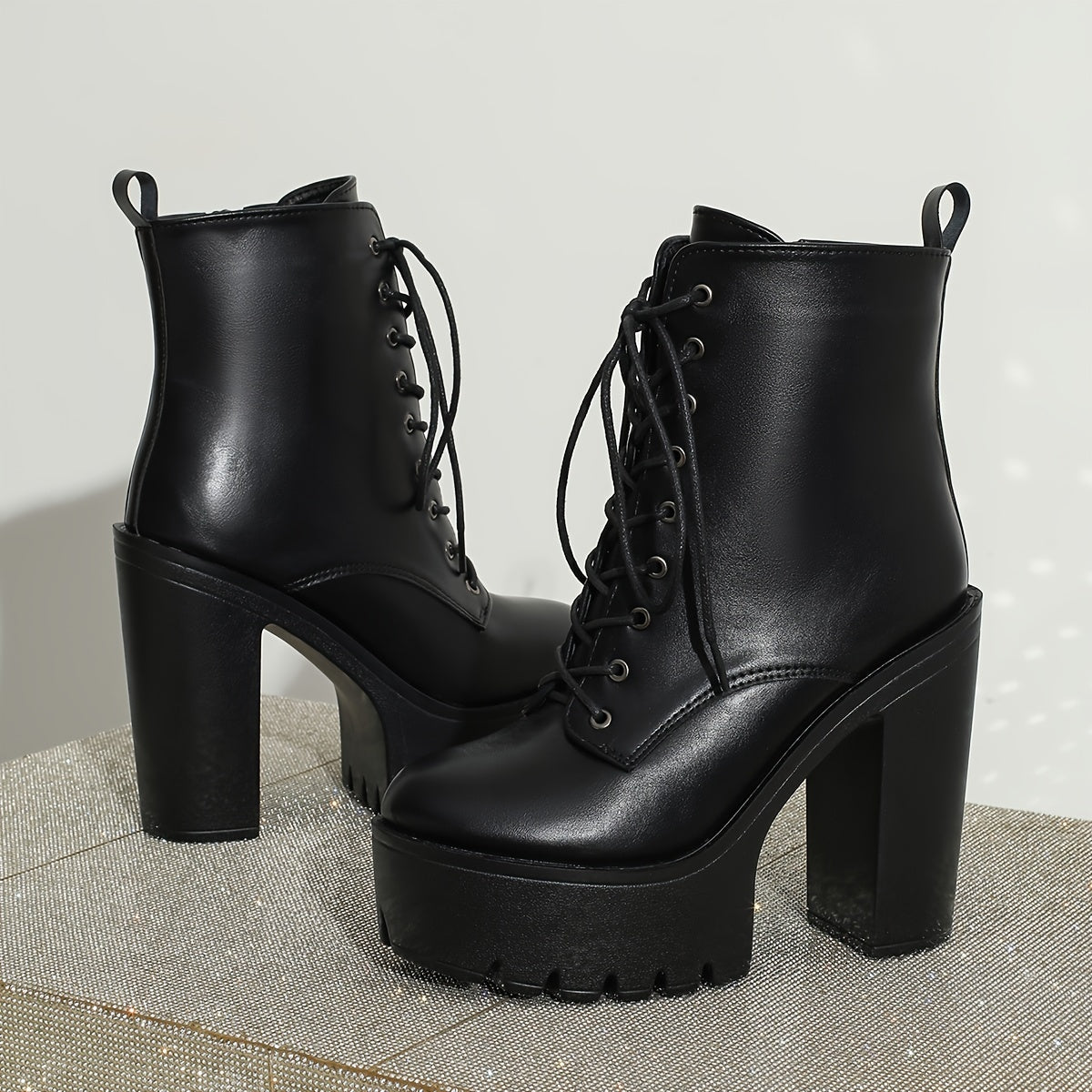 Women Ankle Booties Platform Chunky Heel Black Solid Color Lace-Up Non-Slip Dress Shoes