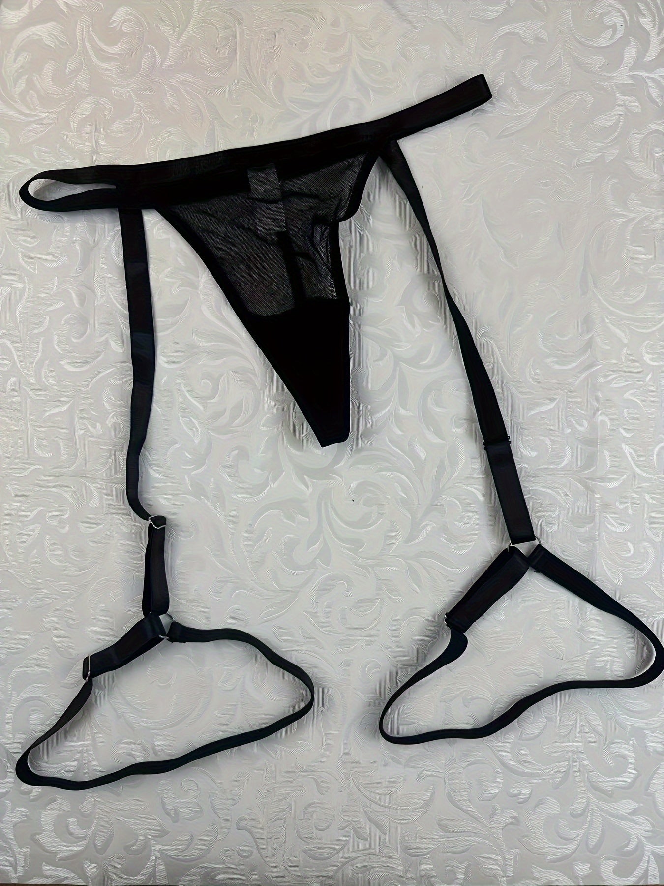 Conjunto de lencería de cinturilla con liguero y tanga de malla transparente para mujer