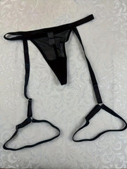 Conjunto de lencería de cinturilla con liguero y tanga de malla transparente para mujer