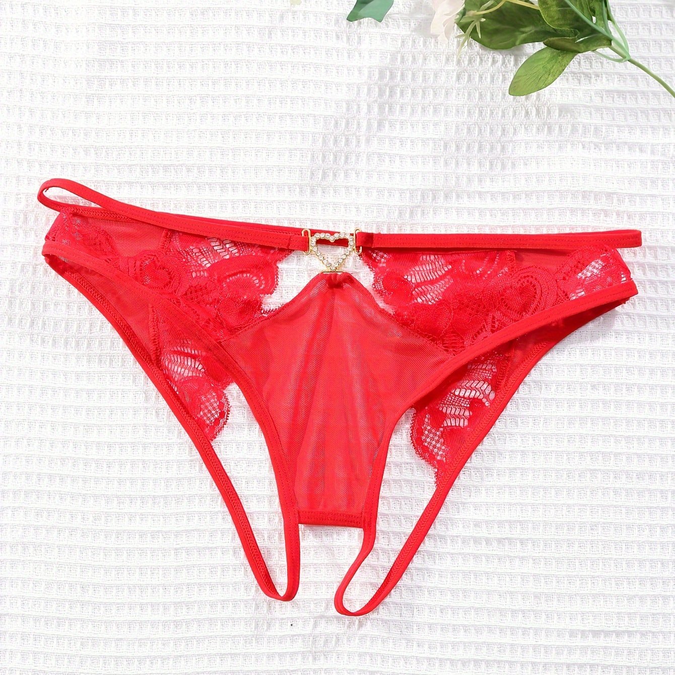 Women's Red Lace Panties with Heart-Shaped Clasp Knitted Fabric Underwear