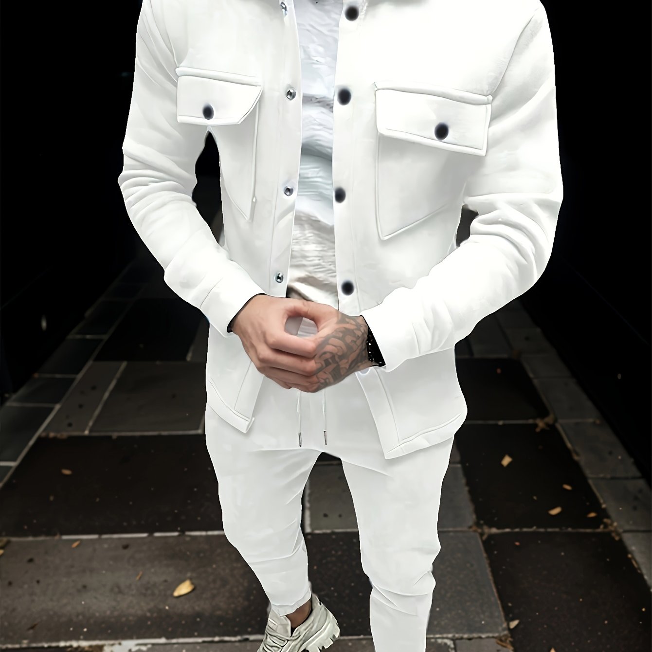 Men's Casual Solid Color Polyester Outfit Long Sleeve Button-Down Jacket and Drawstring Pants for Fall Winter