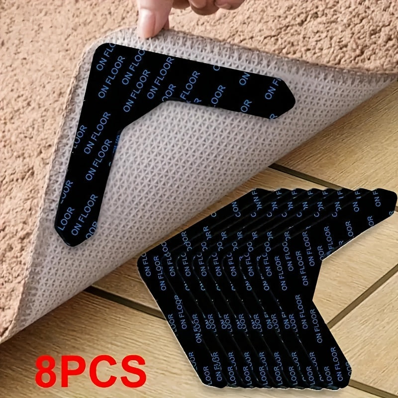 Set of 8 Non-Slip Carpet Stickers for Rugs, Black, Reusable, Easy to Clean