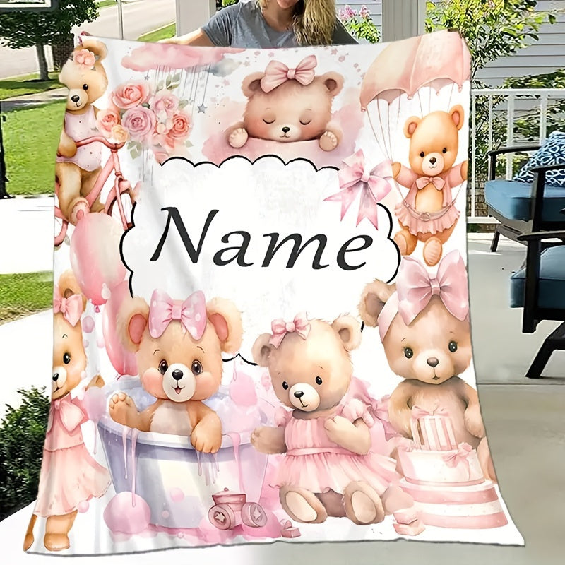 Personalized Fluffy Teddy Bear Print Flannel Throw Blanket for Adults and Home