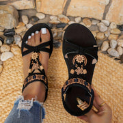 Women’s Flat Open-Toe Sandals with Floral Embellishments, Black, Adjustable Straps