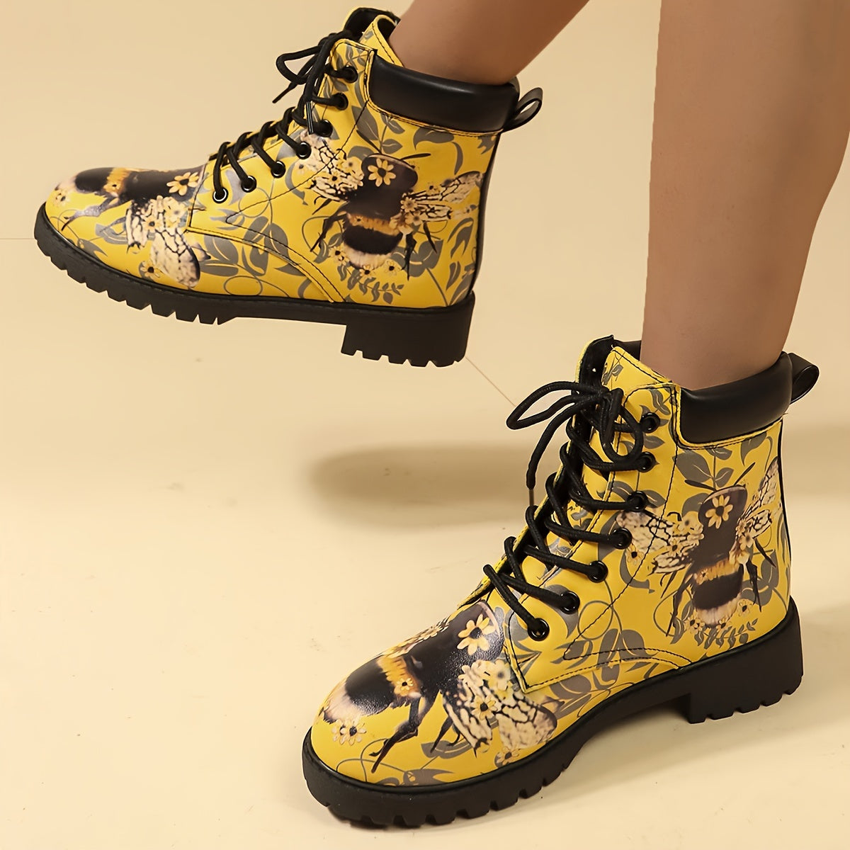 Women's Bee Print Casual Strap Heels Low Wedge Ankle Booties