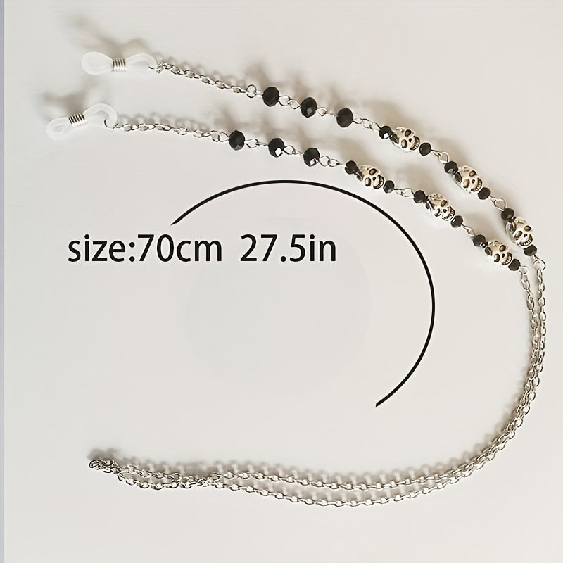 Black Beaded Eyewear Chain with Gothic Skull Charms for Spectacles