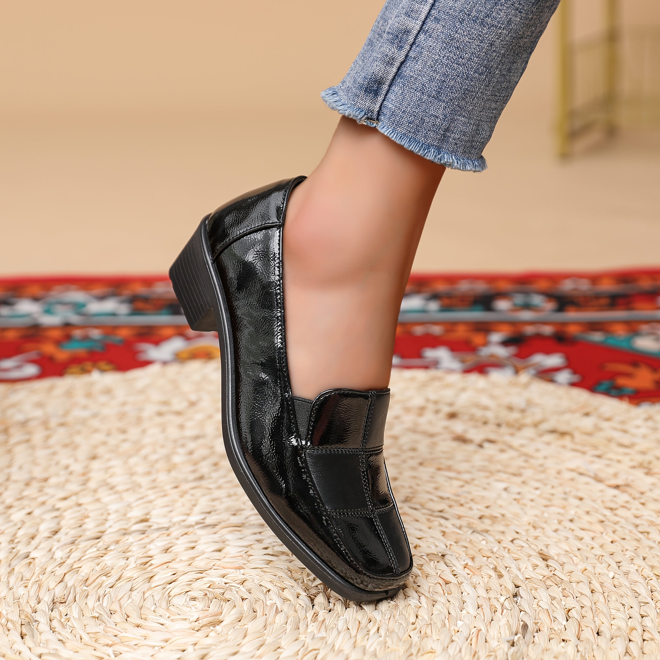 Women's Black Chunky Heel Square Toe Slip-On Shoes