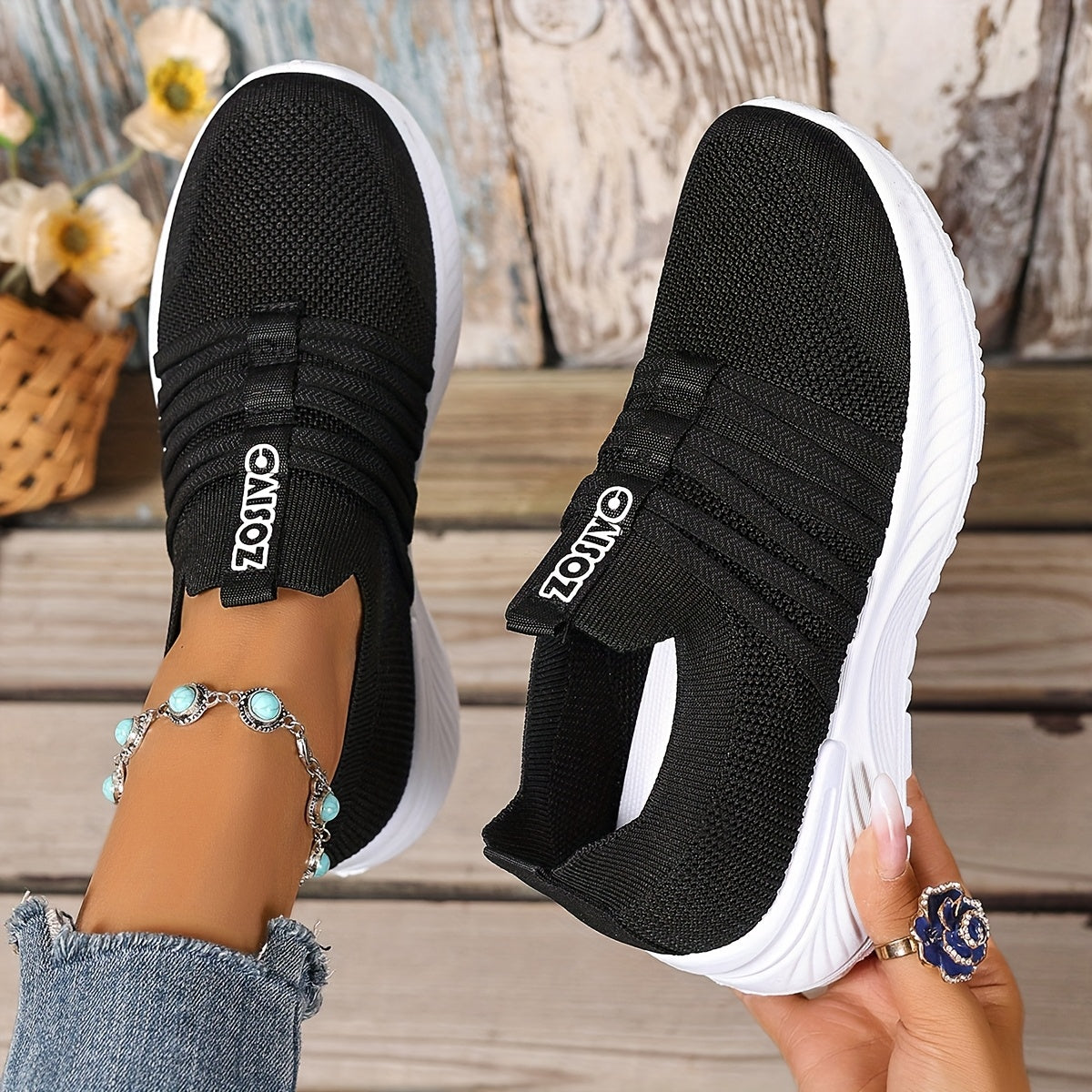 Women's Slip-On Sneakers White Black Casual Summer Shoes