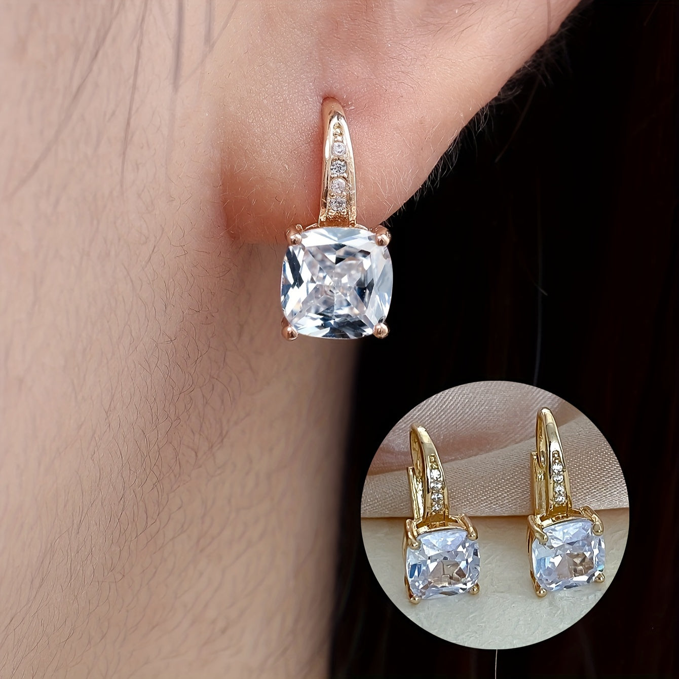 Ayollar uchun kvadrat shaklidagi kubik zirkoniy stud uzuklar, 18K oltin bilan qoplangan mis, moda zargarlik buyumlari