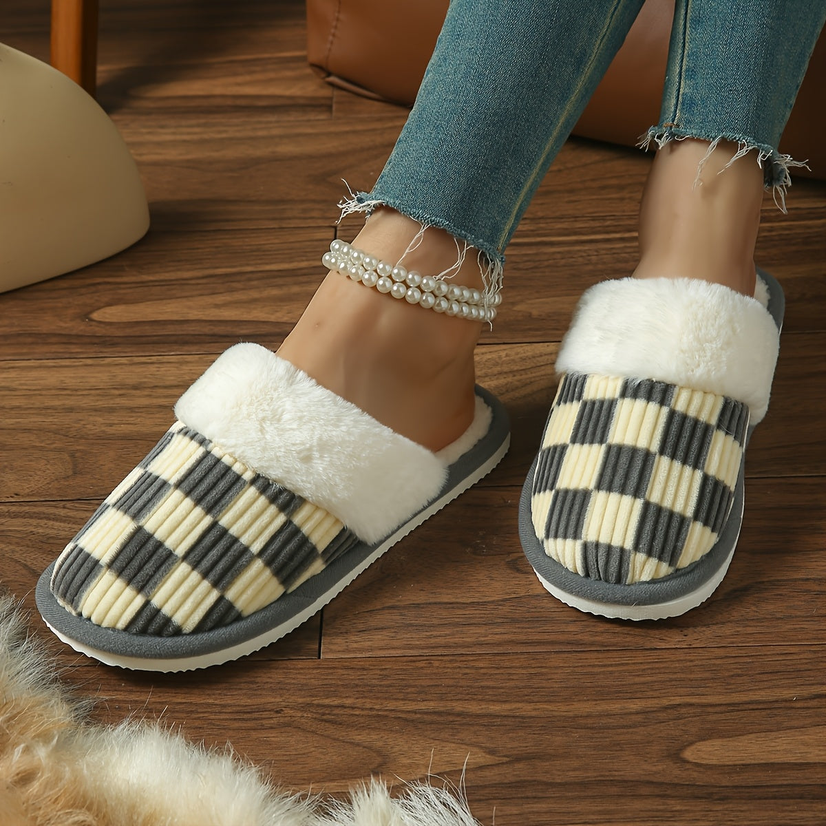 Women's Plush Striped Slippers Pink and White Checkered Indoor Shoes