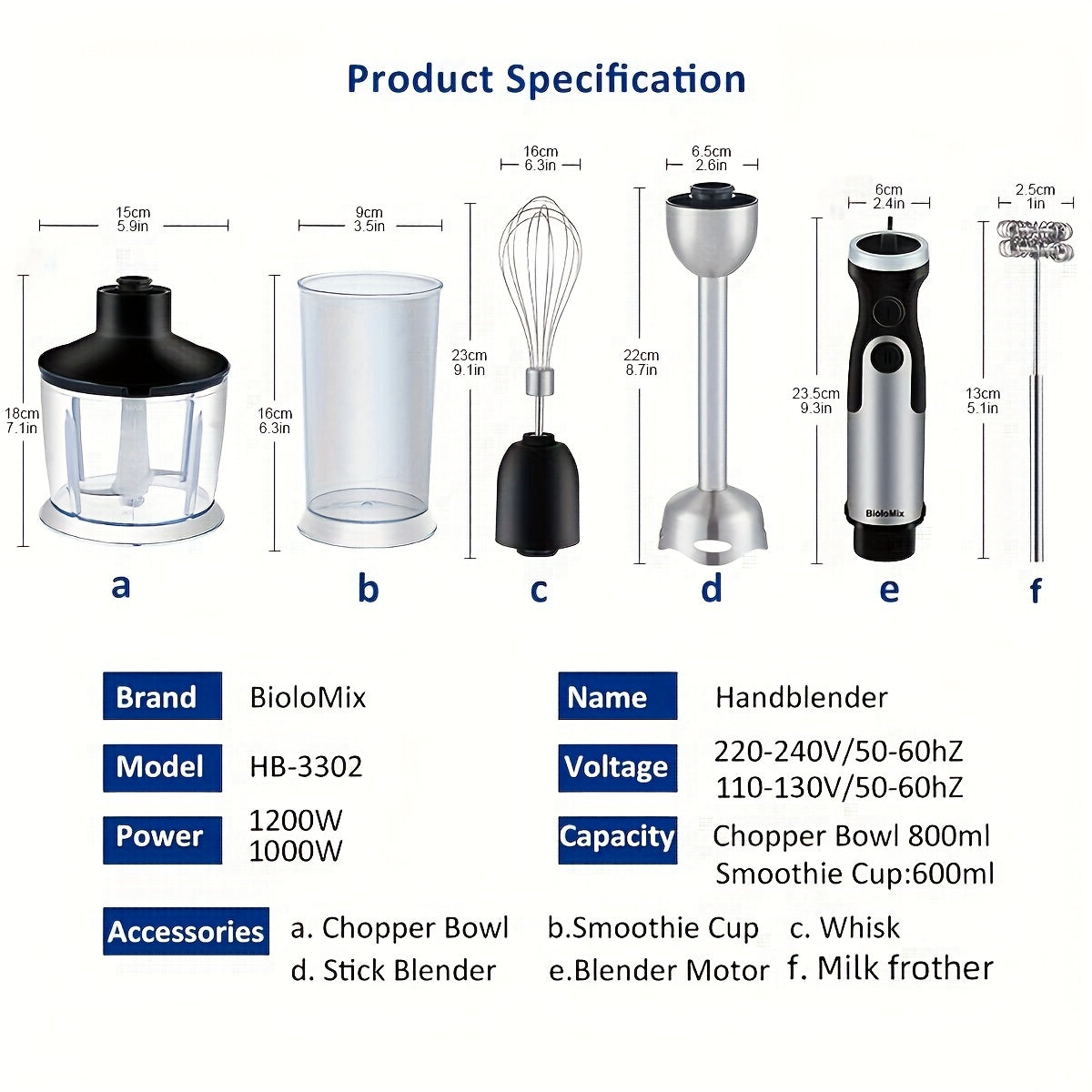 1200W qoʻl bilan ishlovchi mikser, tuxum uruvchi, maydalash qutisi va smuzi stakani bilan, zanglamaydigan poʻlatdan yasalgan oshxona texnikasi