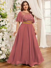 Plus Size Women's Mauve Lace Beaded Formal Floor-Length Dress for Weddings