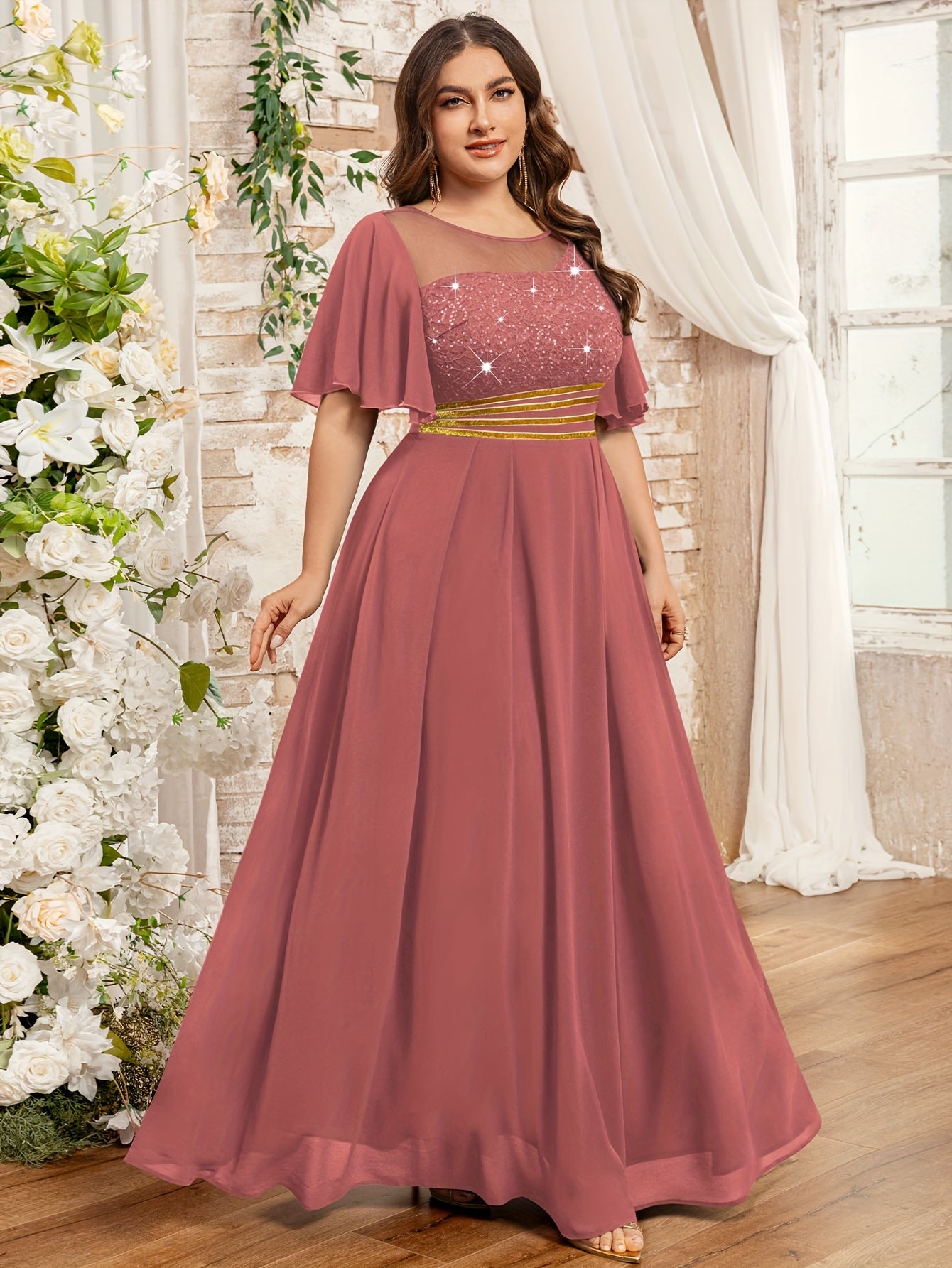 Plus Size Women's Mauve Lace Beaded Formal Floor-Length Dress for Weddings