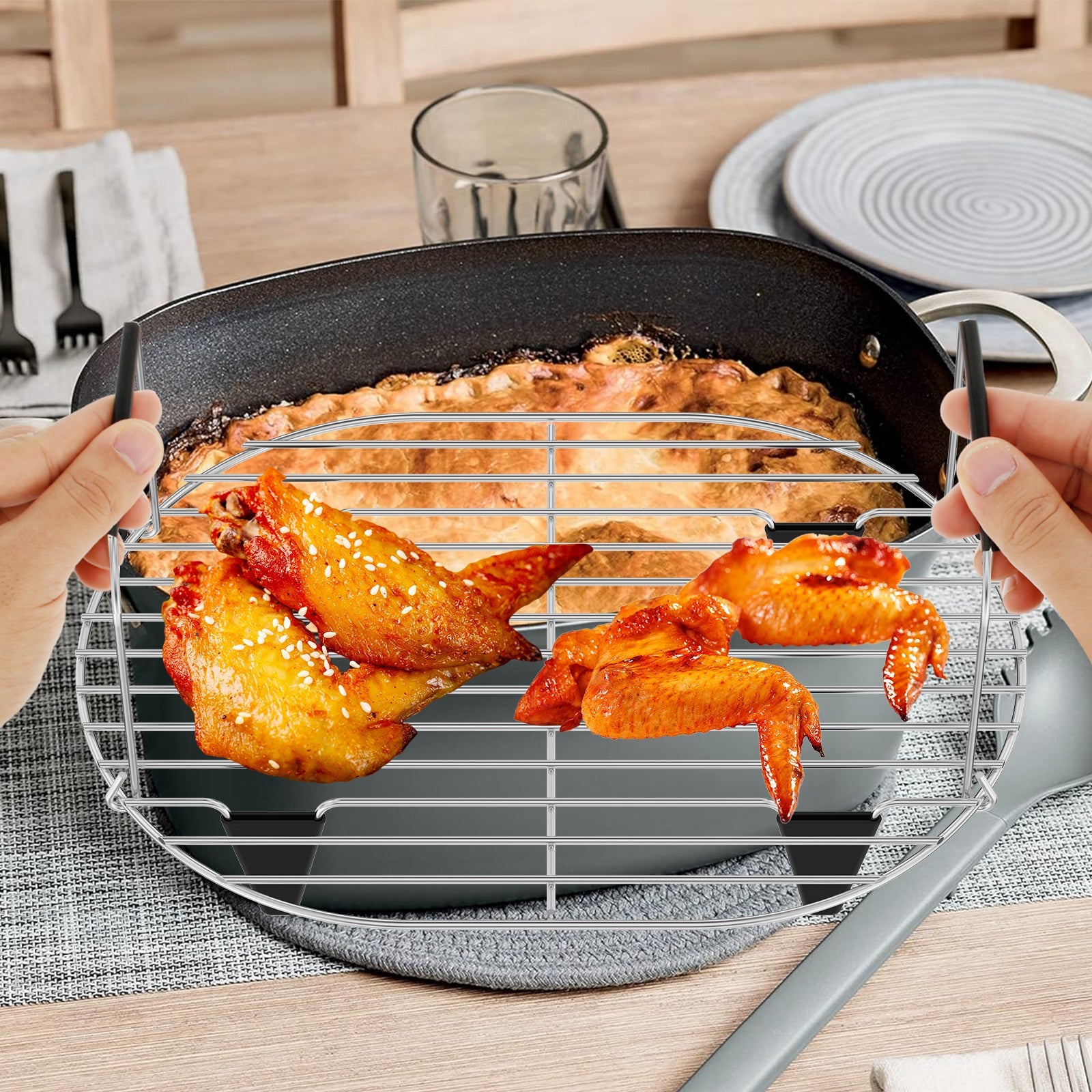 8.5Qt sekin pishirgichlar uchun zanglamaydigan po'latdan yasalgan bug' va qovurish qismi, bukiladigan tutqich bilan