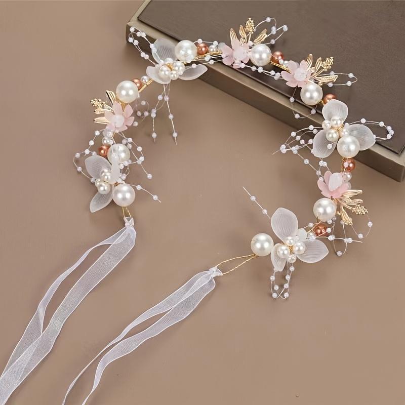 Bridal Headband with Gold Leaves Faux Pearls Floral Wreath for Weddings