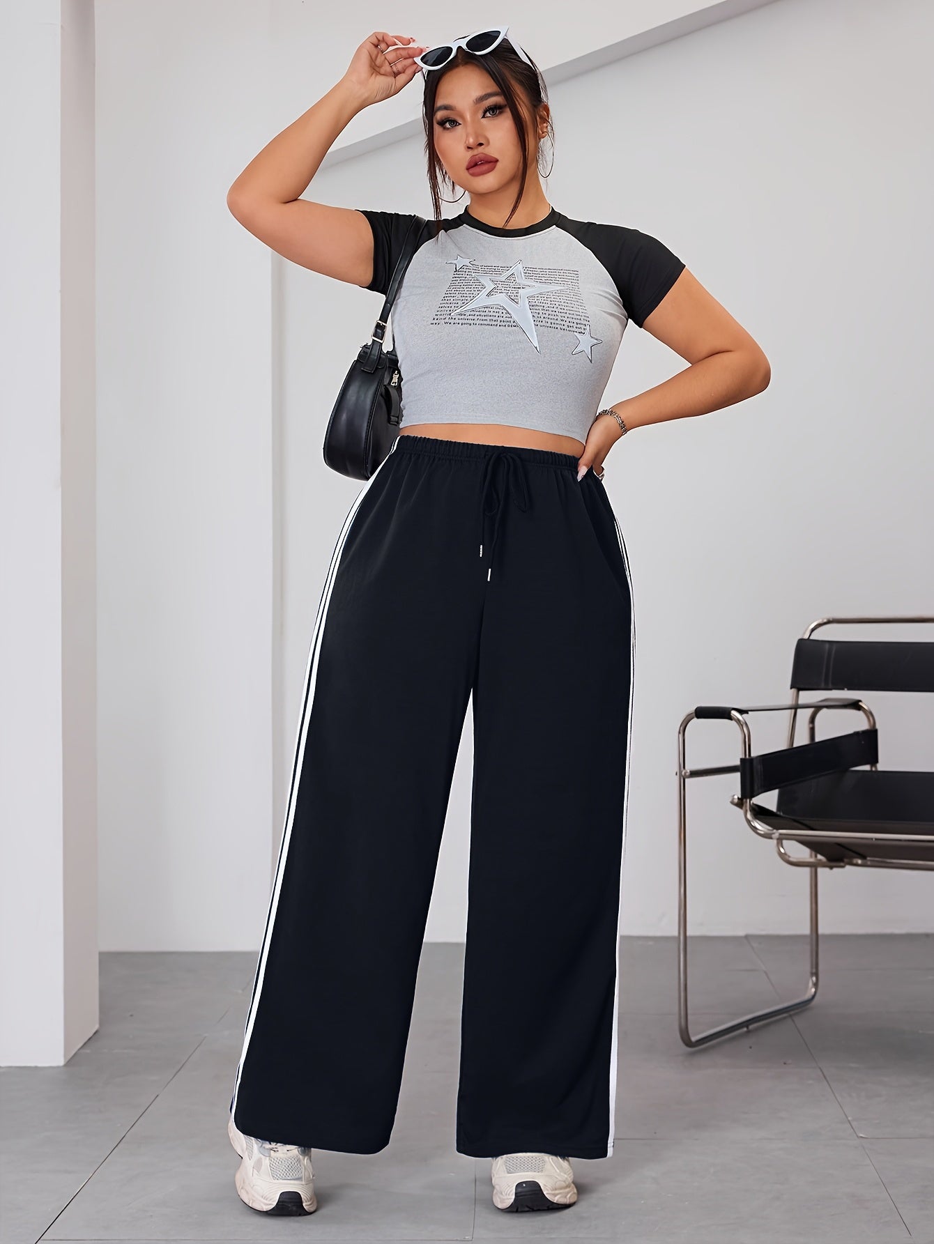 Plus Size Wide Leg Pants with Side Stripes Casual Joggers Stretchy All-Season