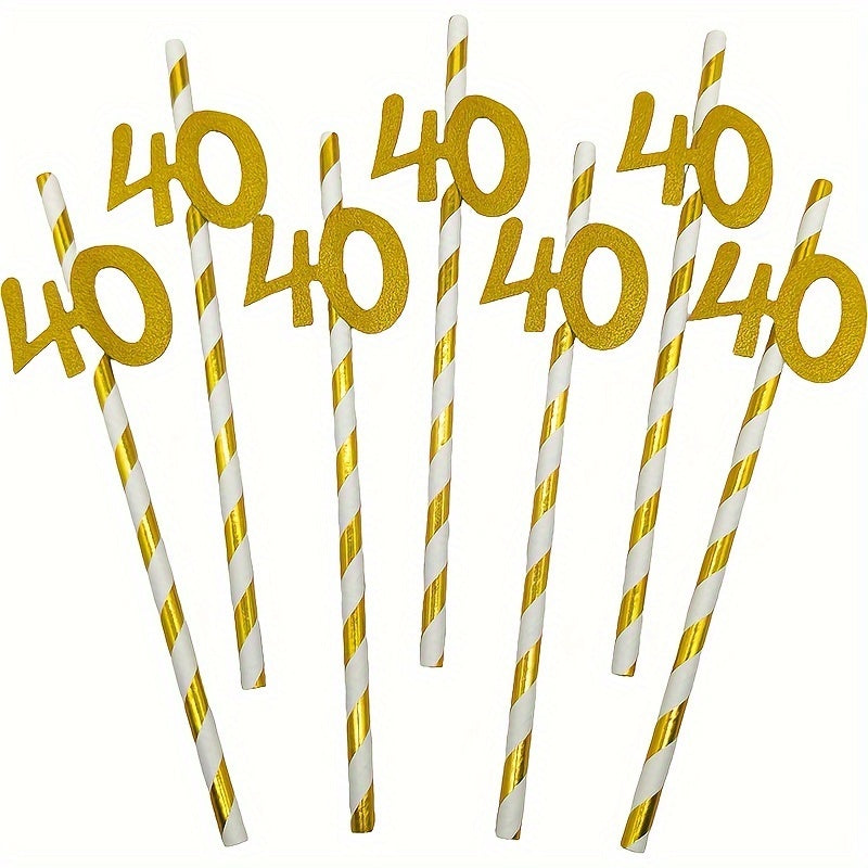 Set of 10 Gold Foil Number 50 Paper Straws for Birthday Party Decor