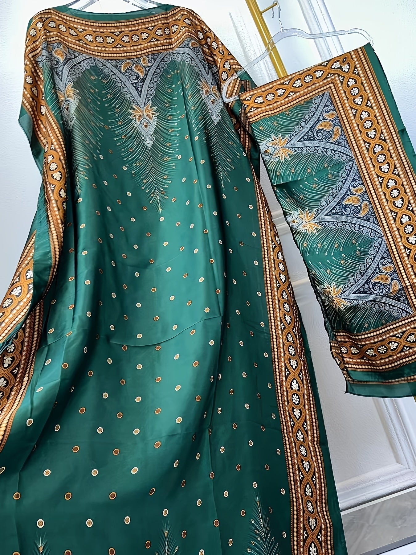 Women's Floral Print Abaya Maxi Dress Boat Neck Batwing Sleeves Red Black Gold