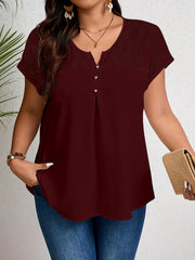 Plus Size Women's Top with Lace Detail V-Neck Non-Stretch Polyester for Spring Summer Fall