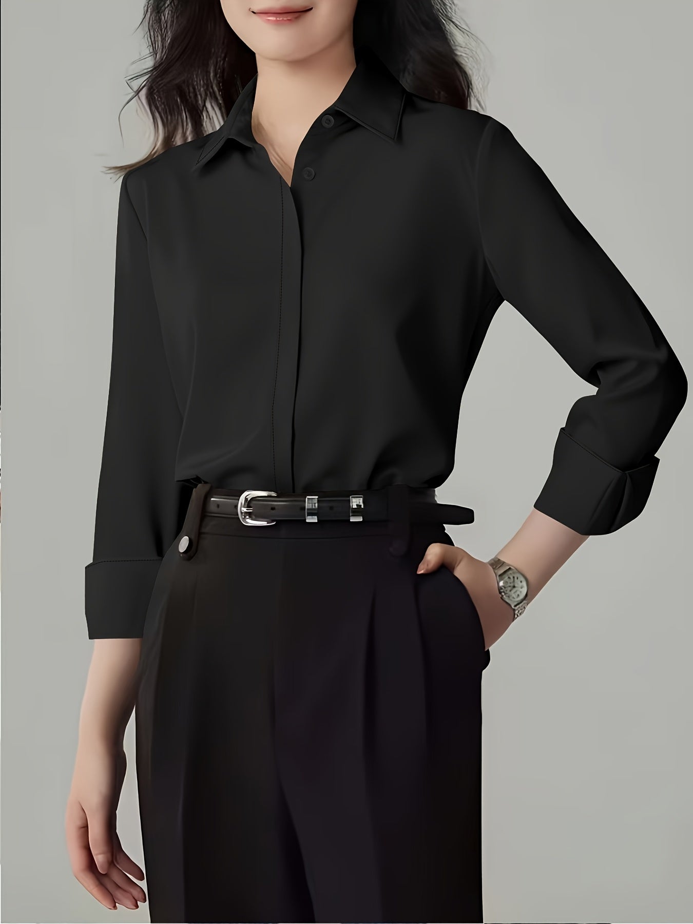 Women's Long Sleeve Shirt Polyester Solid Color Elegant French High-End 2024