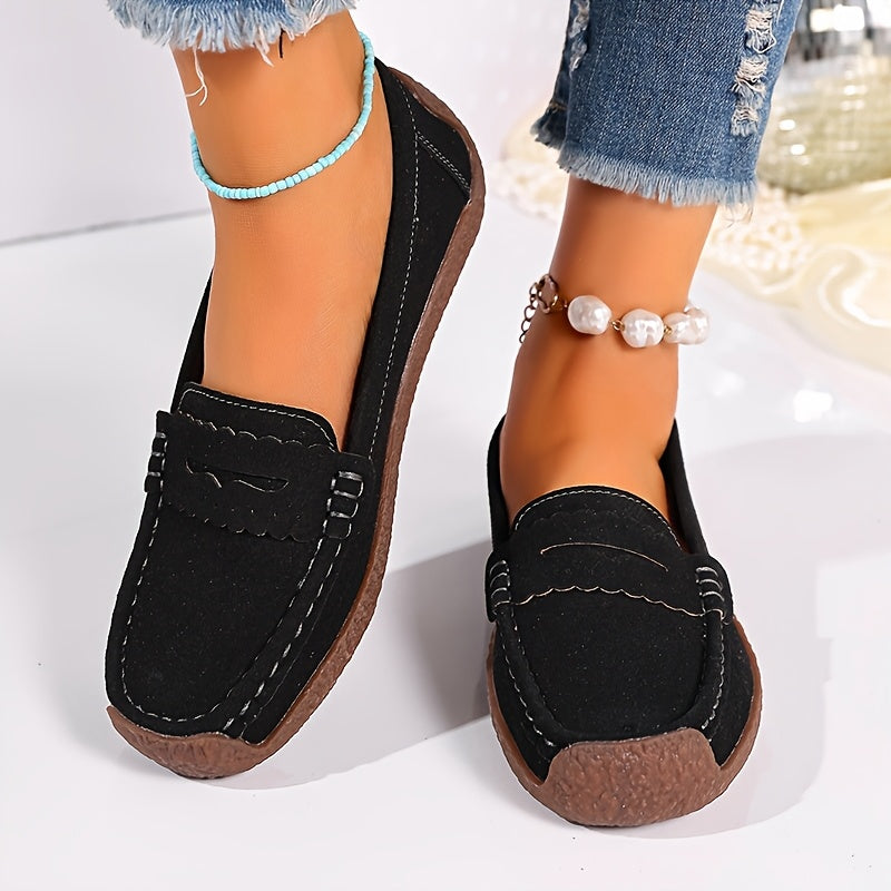 Women's Black Loafers Slip-On Flats Comfortable PU Casual Shoes